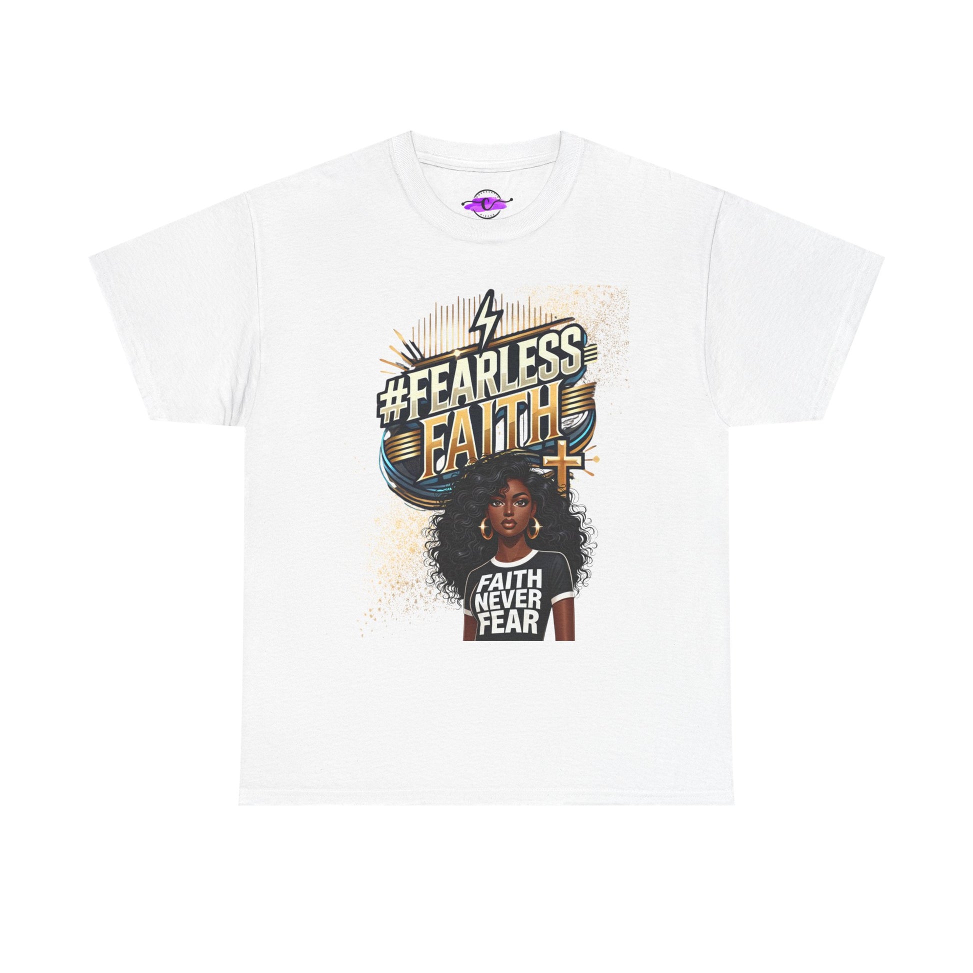 A stylish and empowering faith-based graphic t-shirt featuring the bold phrase #FearlessFaith in striking gold and white typography, accented by a lightning bolt and cross. The design showcases a strong Black woman with voluminous curls, wearing a Faith Never Fear t-shirt, symbolizing confidence, resilience, and unwavering belief. Made from soft, breathable cotton, this comfortable and versatile tee is perfect for casual wear, spiritual gatherings, church events, and everyday motivation.