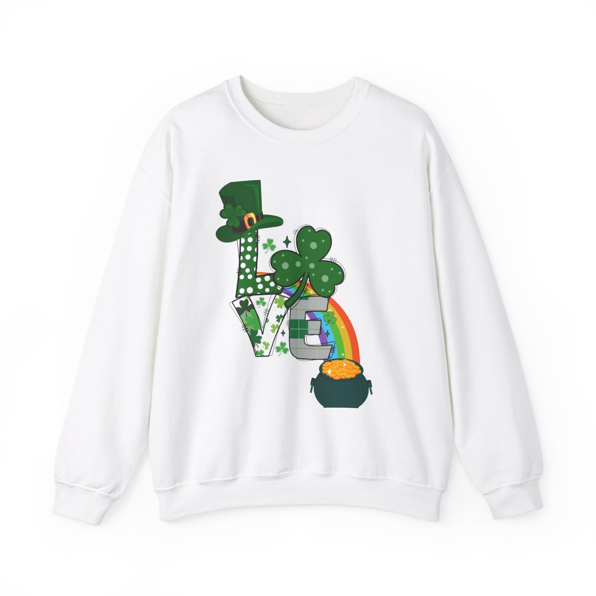 A white sweatshirt featuring a festive St. Patrick’s Day design. The word “LOVE” is creatively styled with green shamrocks, a leprechaun hat on the "L," and a rainbow leading to a pot of gold at the bottom. The design incorporates polka dots, plaid, and clover patterns, adding a fun and celebratory Irish theme. Perfect for St. Patrick’s Day celebrations! 🍀🌈