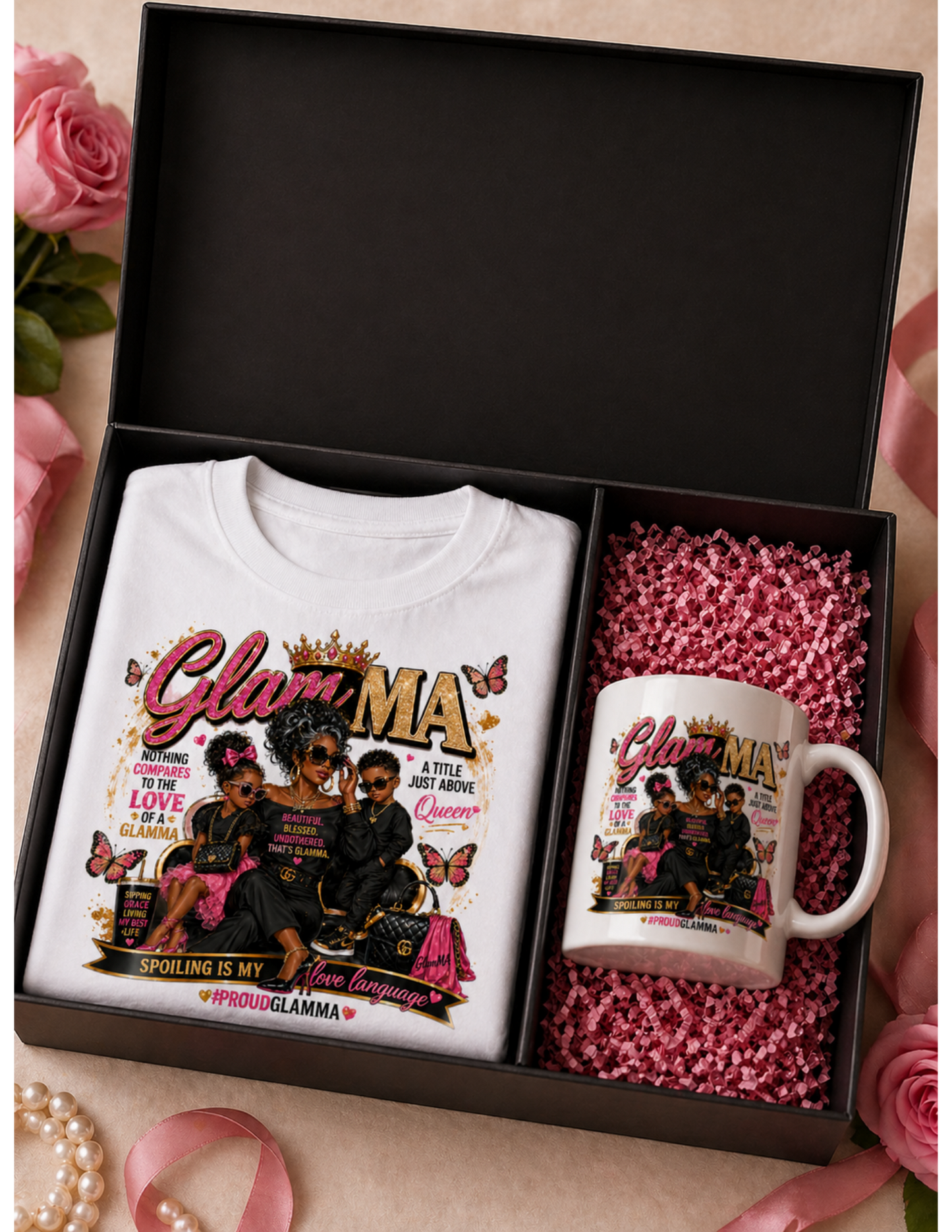 GlamMA Gift Box 💖 T-Shirt & Mug Set for Stylish Grandmothers