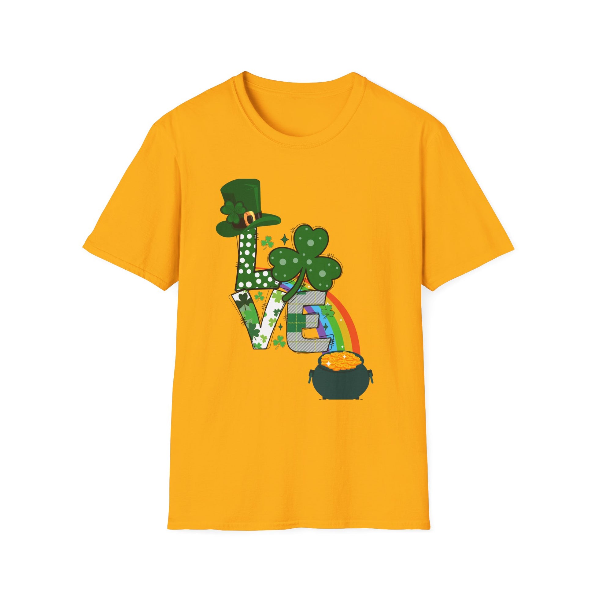 A vibrant gold St. Patrick’s Day t-shirt featuring a festive "LOVE" design. The "L" is adorned with a leprechaun hat, the "O" is a lucky shamrock, and a rainbow leads to a pot of gold at the bottom. The letters are decorated with polka dots, plaid, and shamrock patterns, creating a fun and cheerful Irish-themed look. Perfect for celebrating St. Patrick’s Day in style! 