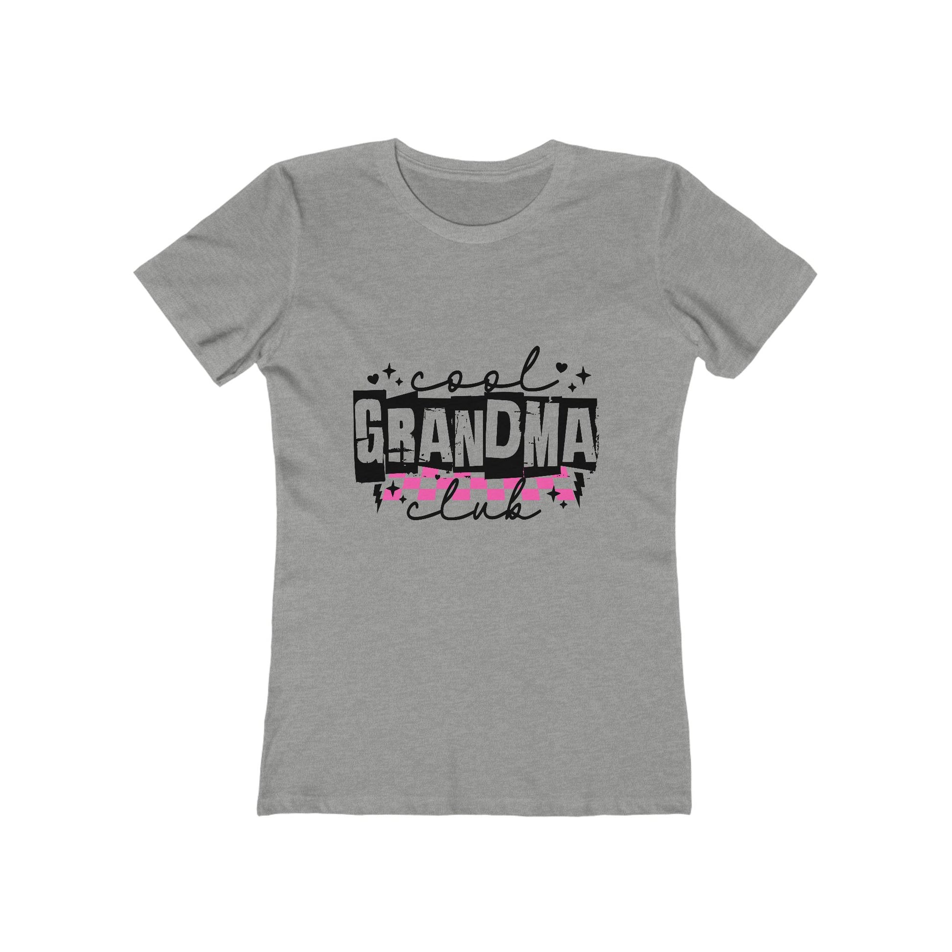 Gray women’s fitted T-shirt featuring the phrase “Cool Grandma Club” with bold distressed black lettering, pink checkered accents, and sparkling details. A stylish and fun gift for grandmothers, perfect for casual wear, Mother’s Day, or birthdays.