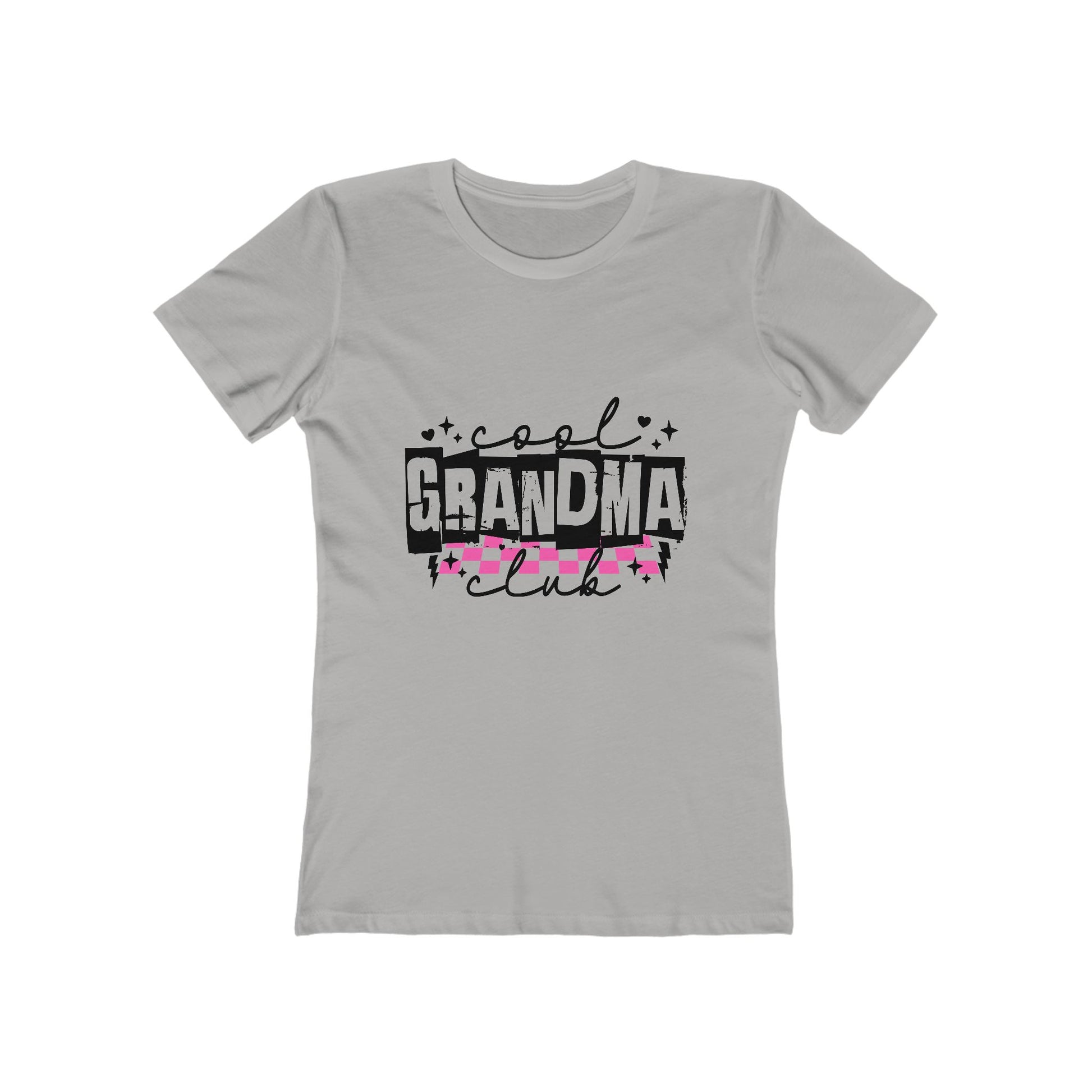 Gray women's fitted T-shirt featuring bold “Cool Grandma Club” text with distressed black lettering, pink checkered accents, and sparkles. A stylish and modern gift for proud grandmothers, perfect for Mother's Day, birthdays, or casual wear.
