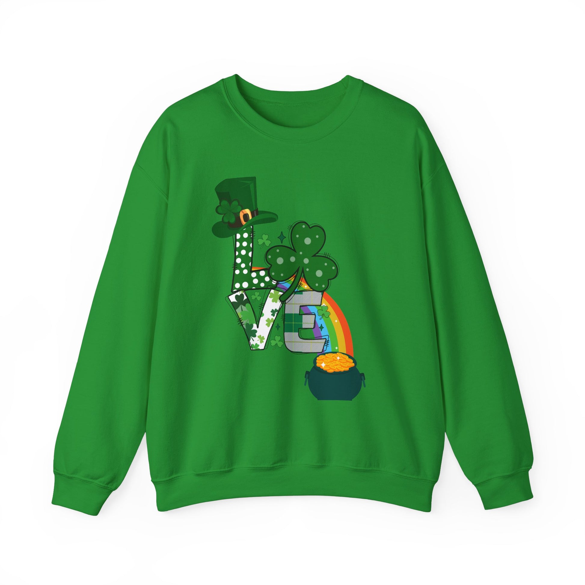 A vibrant green sweatshirt featuring a festive St. Patrick’s Day design. The word “LOVE” is creatively styled with a leprechaun hat on the "L," a shamrock as the "O," and a rainbow leading to a pot of gold at the bottom. The letters are decorated with polka dots, plaid, and clover patterns, creating a fun and lively Irish-themed look. Perfect for celebrating St. Patrick’s Day in style!