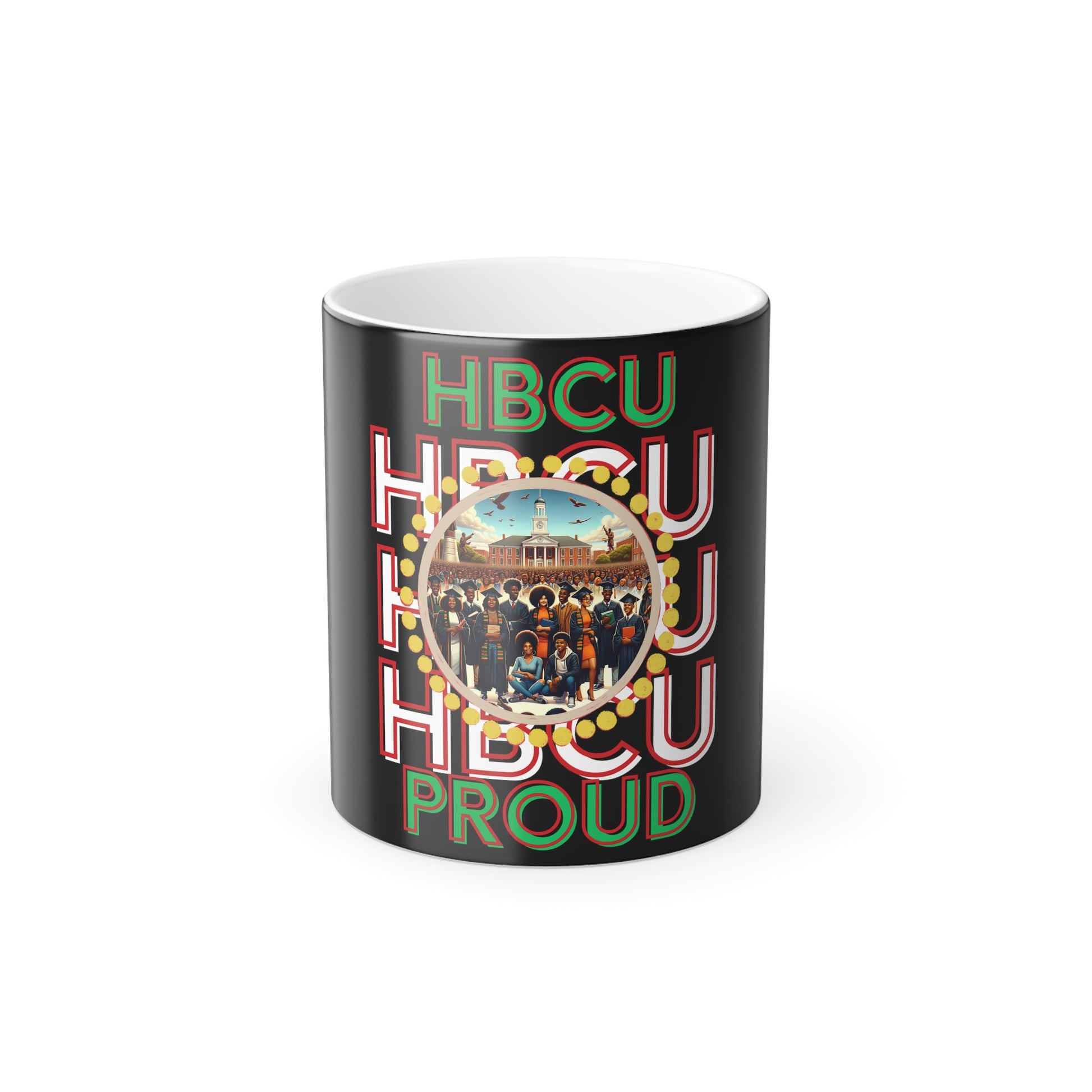 Black ceramic coffee mug featuring bold red, green, and white text that reads 'HBCU PROUD,' with a circular design in the center showcasing a historic HBCU campus and a diverse group of graduates in vibrant attire, surrounded by a decorative gold border.