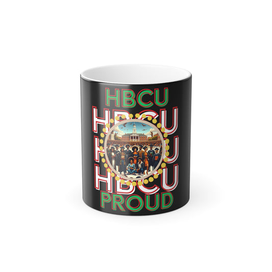 Black ceramic coffee mug featuring bold red, green, and white text that reads 'HBCU PROUD,' with a circular design in the center showcasing a historic HBCU campus and a diverse group of graduates in vibrant attire, surrounded by a decorative gold border.