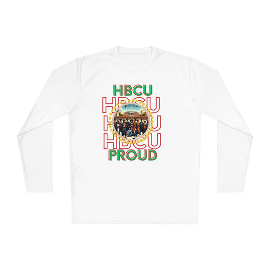 White sweatshirt featuring bold red, green, and white text that reads 'HBCU PROUD,' with a central circular design showcasing a historic HBCU campus and a diverse group of graduates in vibrant attire, surrounded by a decorative gold border.