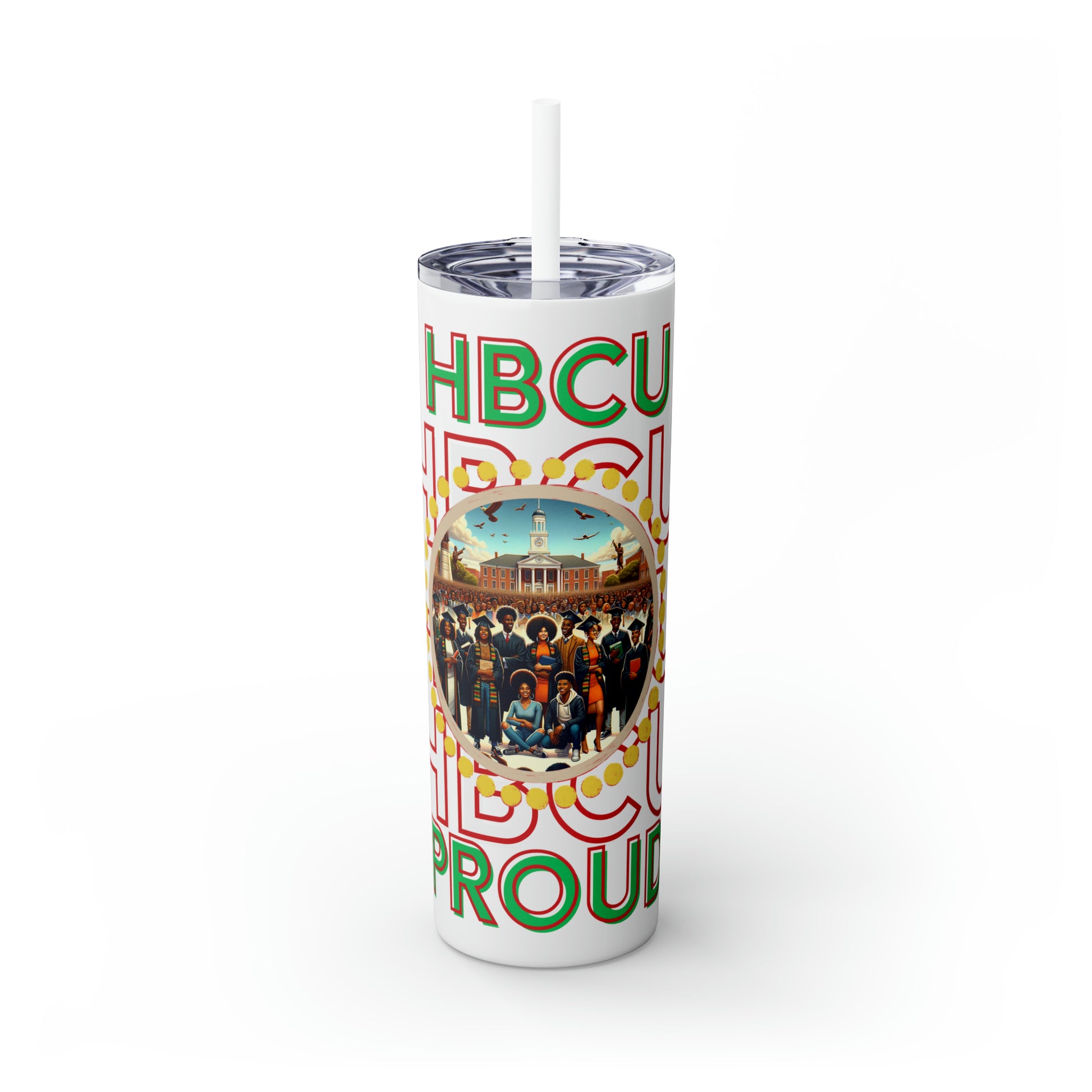 White tumbler with bold red, green, and white text that reads 'HBCU PROUD,' featuring a circular design in the center showcasing a historic HBCU campus surrounded by a diverse group of graduates. Includes a clear spill-resistant lid with a straw.