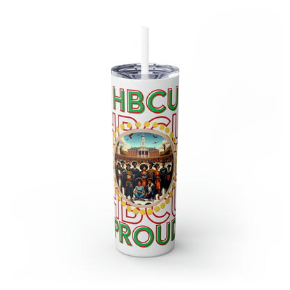 White tumbler with bold red, green, and white text that reads 'HBCU PROUD,' featuring a circular design in the center showcasing a historic HBCU campus surrounded by a diverse group of graduates. Includes a clear spill-resistant lid with a straw.