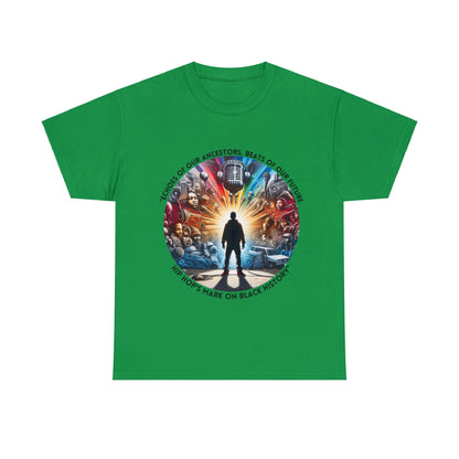 Green T-shirt featuring a circular design with a silhouetted figure standing in front of a vibrant collage of hip hop elements, including microphones, turntables, graffiti, and speakers. Surrounding the graphic is the text: 'Echoes of Our Ancestors, Beats of Our Future – Hip Hop’s Mark on Black History.