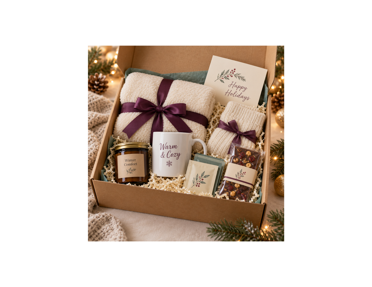 Holiday gift box with a cream blanket and socks tied with purple ribbons, a Warm & Cozy mug, jar candle, tea packets, packaged snack, and Happy Holidays card.