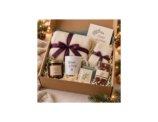 Holiday gift box with a cream blanket and socks tied with purple ribbons, a Warm & Cozy mug, jar candle, tea packets, packaged snack, and Happy Holidays card.
