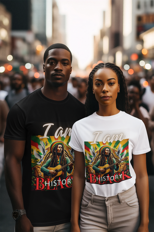 Unisex T-shirt featuring the design 'I Am Black History,' with vibrant Bob Marley-inspired artwork, including a guitar, doves, a lion, and a Rastafarian-themed red, green, and gold background, worn by models in black and white shirt options, celebrating cultural pride and unity