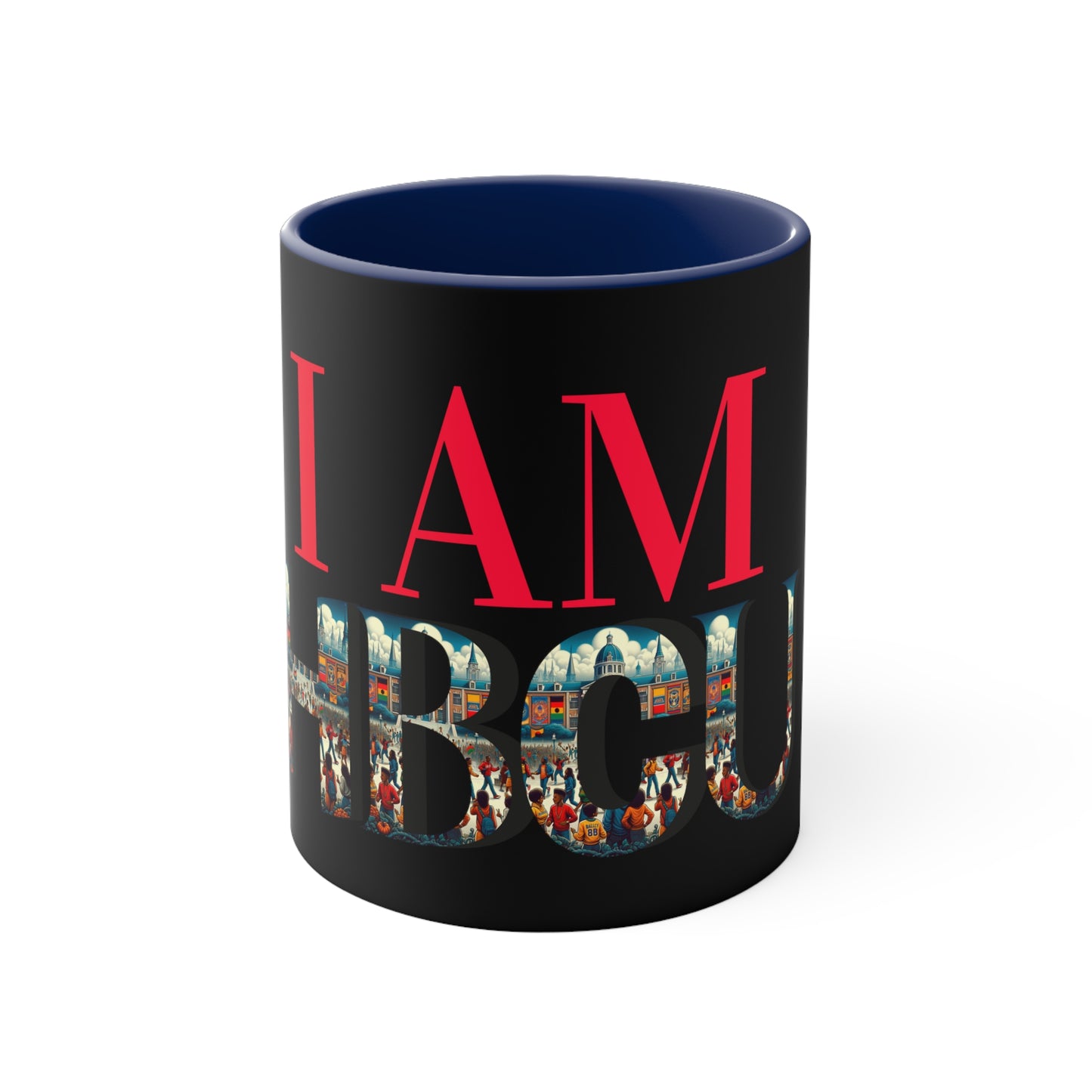 Black coffee mug with bold red text that reads 'I AM' and large letters spelling 'HBCU' filled with a vibrant collage of HBCU imagery, including graduates and historic campus scenes. The interior of the mug is navy blue