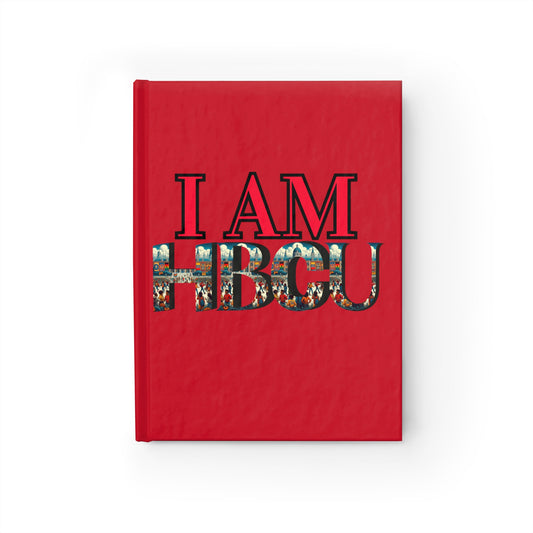 Red hardcover journal with bold black text that reads 'I AM HBCU,' where the letters 'HBCU' are filled with a collage of historic HBCU imagery, including graduates and iconic campus scenes