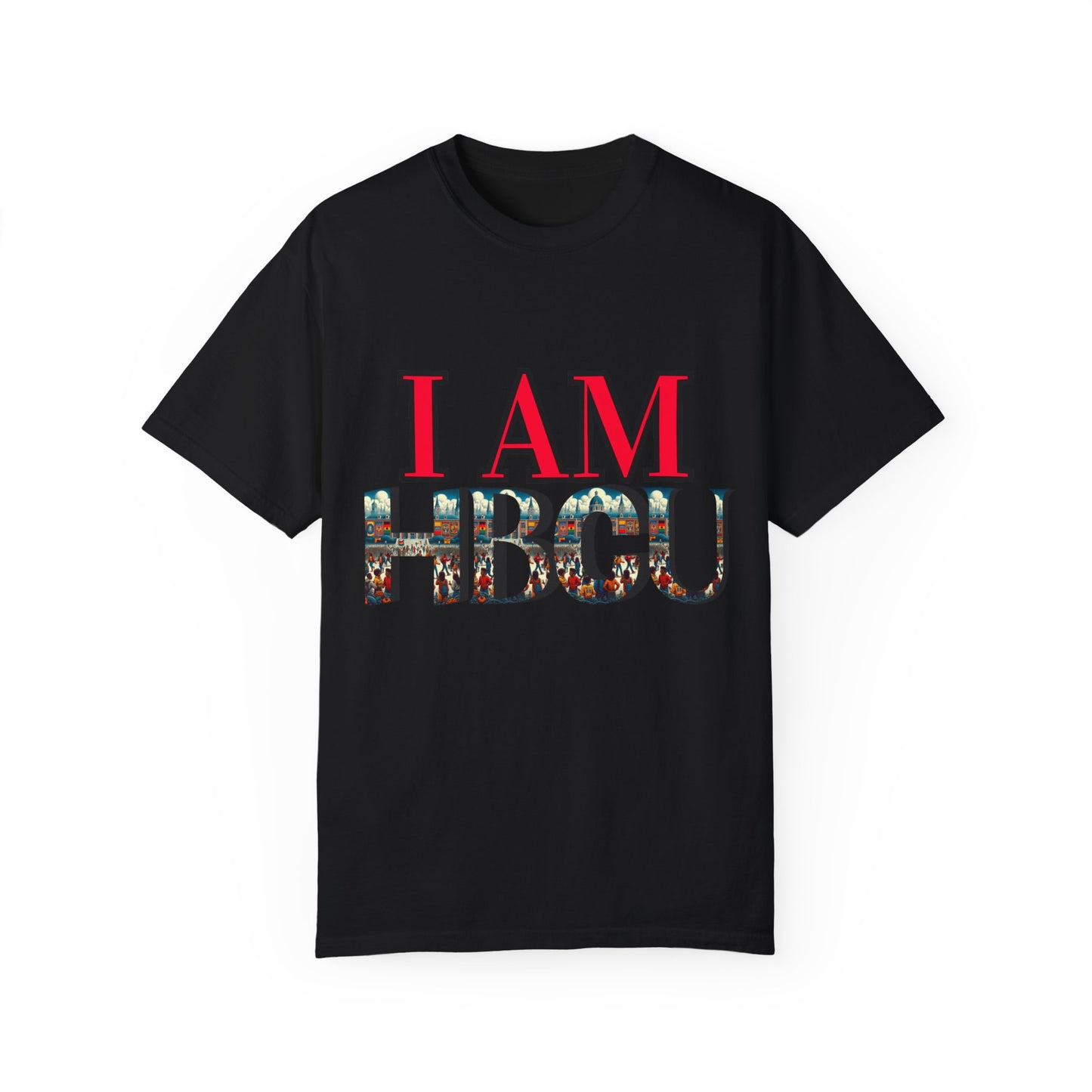 Black T-shirt featuring bold red text that reads 'I AM' above large letters spelling 'HBCU,' filled with a vibrant collage of HBCU imagery, including graduates and historic campus scenes