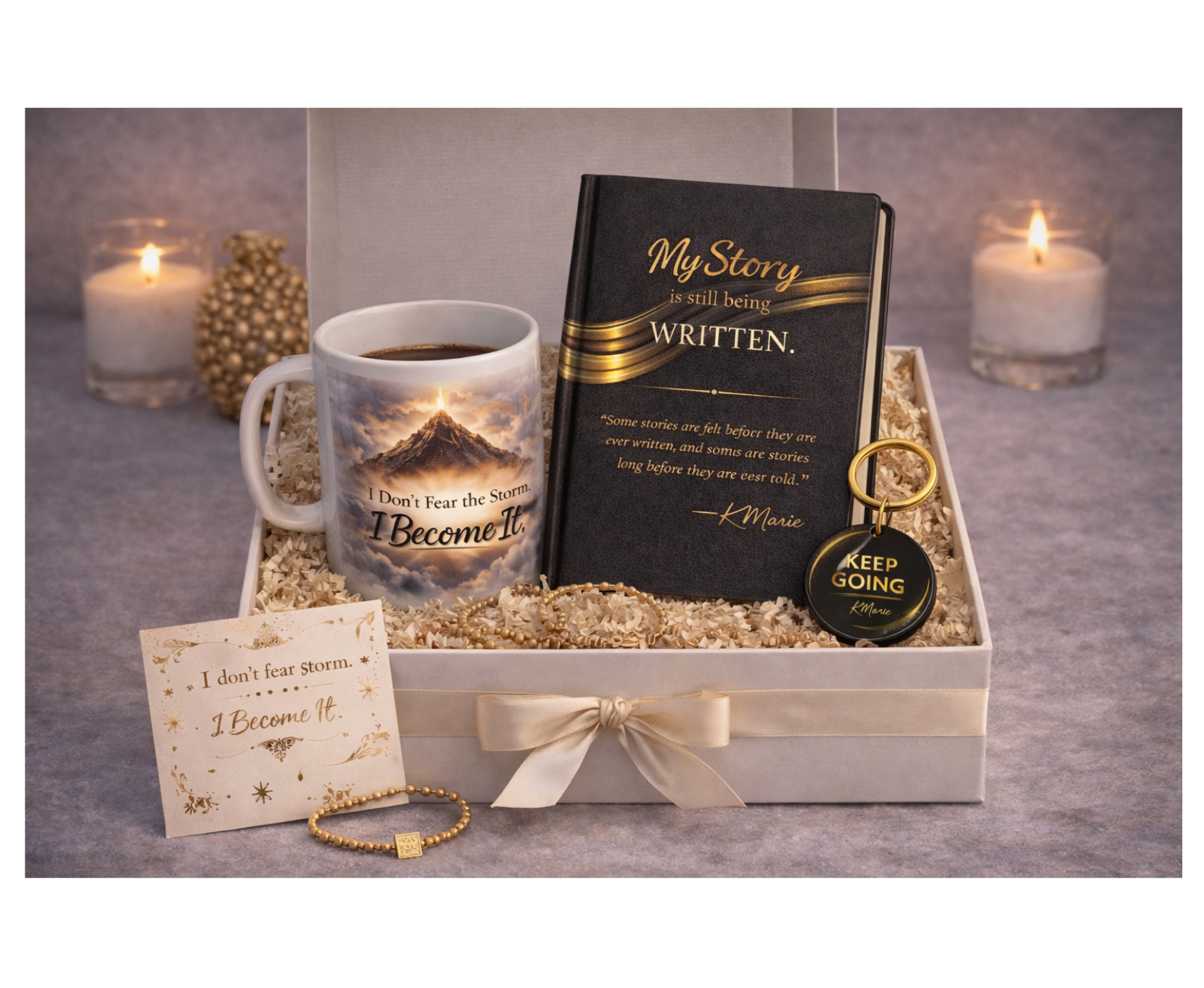 A curated inspirational gift box featuring a motivational journal, white coffee mug with uplifting message, “keep going” keychain, affirmation card, and keepsake items, beautifully arranged in a premium gift box for meaningful gifting.