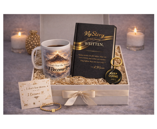 A curated inspirational gift box featuring a motivational journal, white coffee mug with uplifting message, “keep going” keychain, affirmation card, and keepsake items, beautifully arranged in a premium gift box for meaningful gifting.