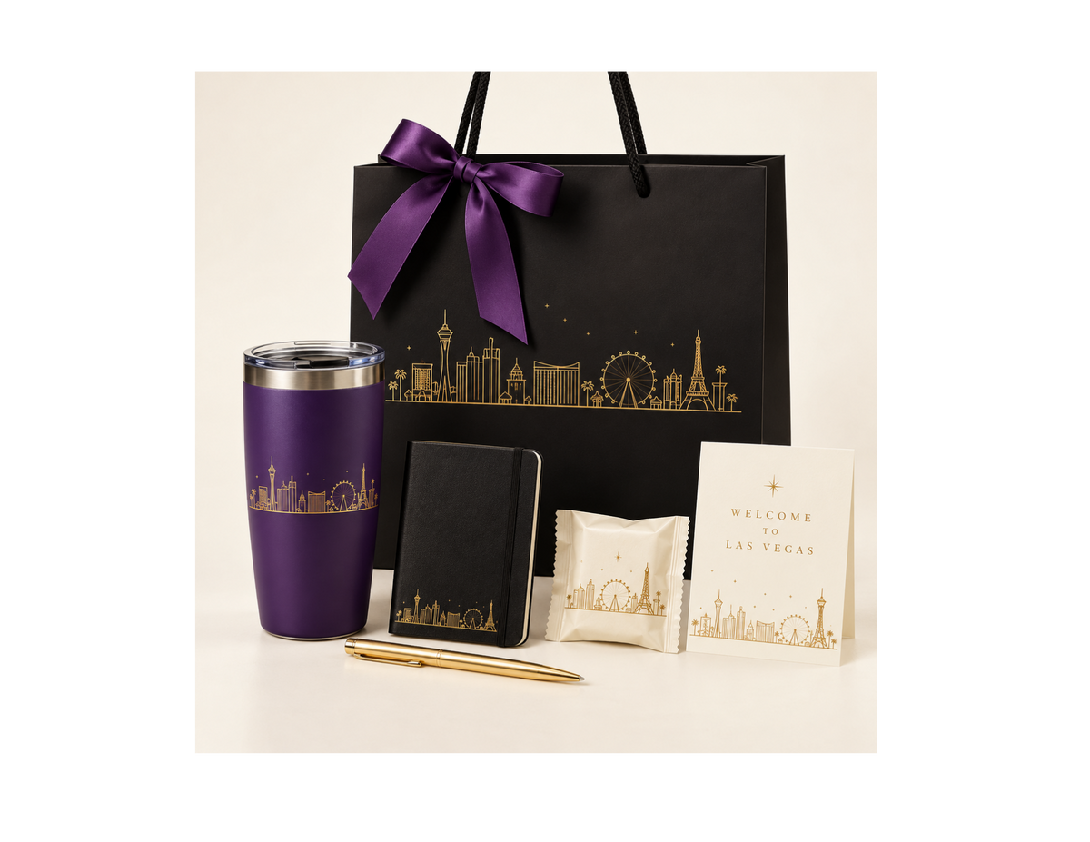 Black Las Vegas skyline gift bag with purple ribbon, purple tumbler, black journal, gold pen, wrapped treat, and welcome card.
