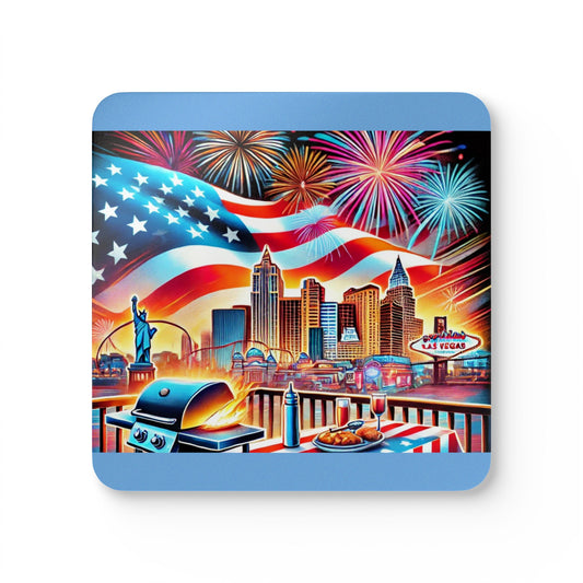 A vibrant coastal-themed placemat featuring a scenic waterfront skyline with bright city buildings, colorful fireworks bursting in the sky, and a bold American flag waving overhead. The foreground highlights a sizzling BBQ grill and a festive picnic table setting with food and drinks, perfect for beachside gatherings, summer parties, or patriotic coastal celebrations.