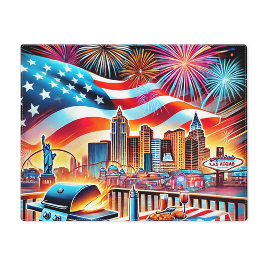 A vibrant Las Vegas-themed placemat featuring the city skyline with the iconic "Welcome to Fabulous Las Vegas" sign, colorful fireworks lighting up the night sky, and a large waving American flag. The foreground shows a backyard BBQ setup with a flaming grill, food, drinks, and picnic table décor, perfect for summer parties and patriotic celebrations.