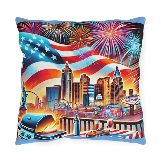 A vibrant Las Vegas-themed throw pillow featuring the city skyline under a sweeping American flag with colorful fireworks bursting overhead. The design includes a backyard BBQ scene with a flaming grill, hot dogs, condiments, and drinks, creating a festive and patriotic atmosphere perfect for holiday décor or Vegas-inspired celebrations.