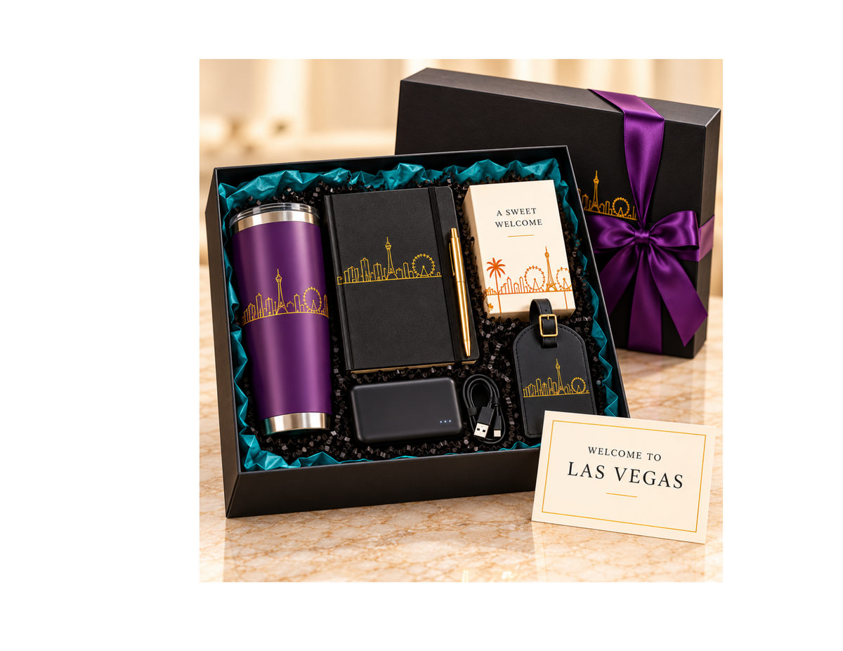 Las Vegas VIP welcome gift box with purple tumbler, black journal, gold pen, power bank, luggage tag, treat, and welcome card.