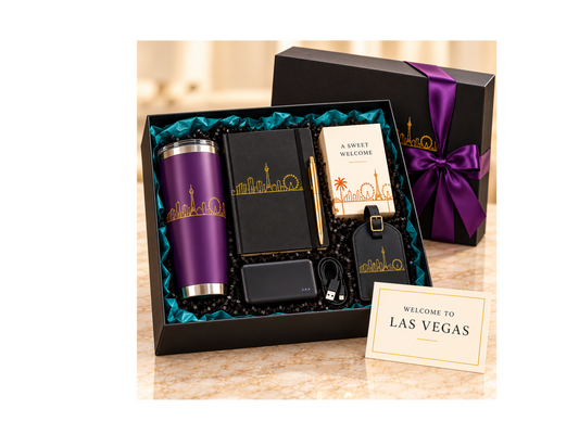 Las Vegas VIP welcome gift box with purple tumbler, black journal, gold pen, power bank, luggage tag, treat, and welcome card.