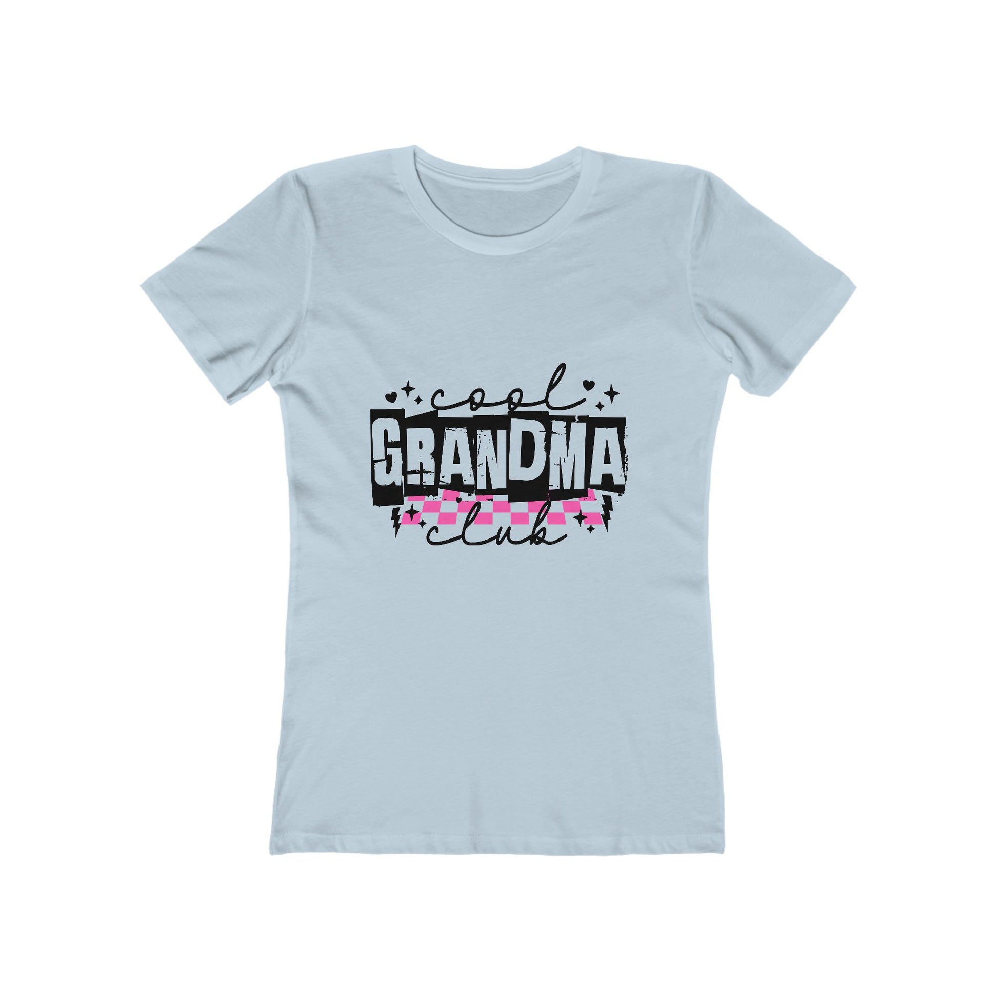 Light blue women’s fitted T-shirt featuring the phrase “Cool Grandma Club” in bold distressed black text with pink checkered accents and sparkling elements. A stylish and playful gift for grandmothers, ideal for Mother's Day, birthdays, or casual everyday wear.