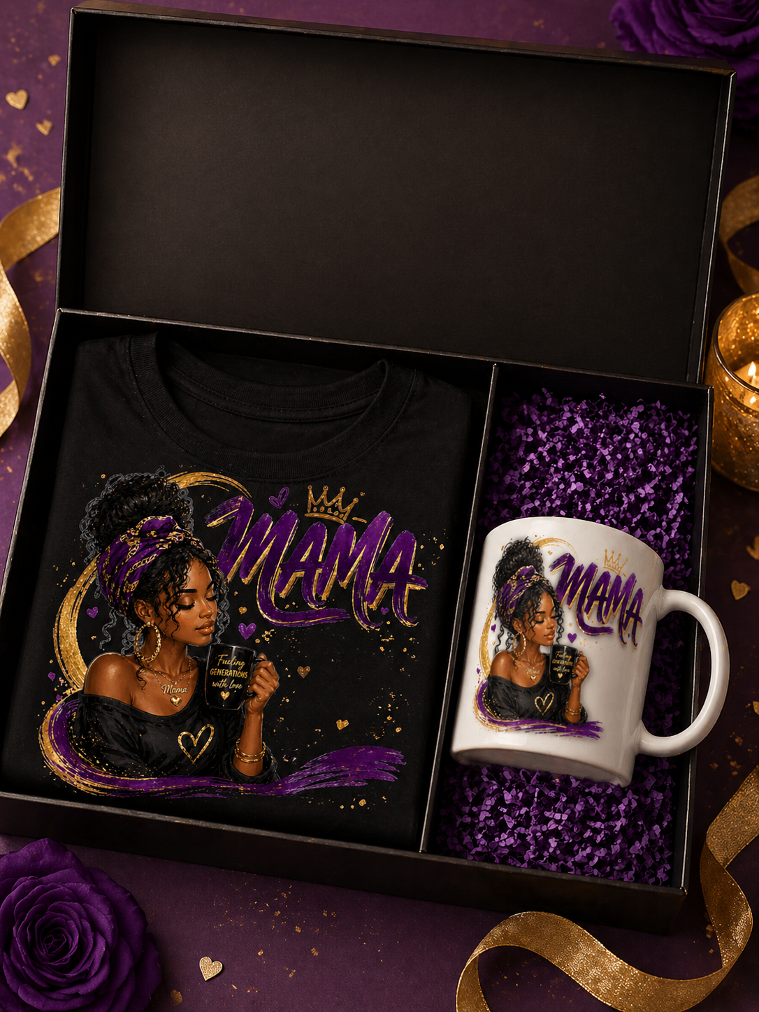 Gift set with t-shirt and mug featuring a woman and 'Mama' text, in a decorative box.
