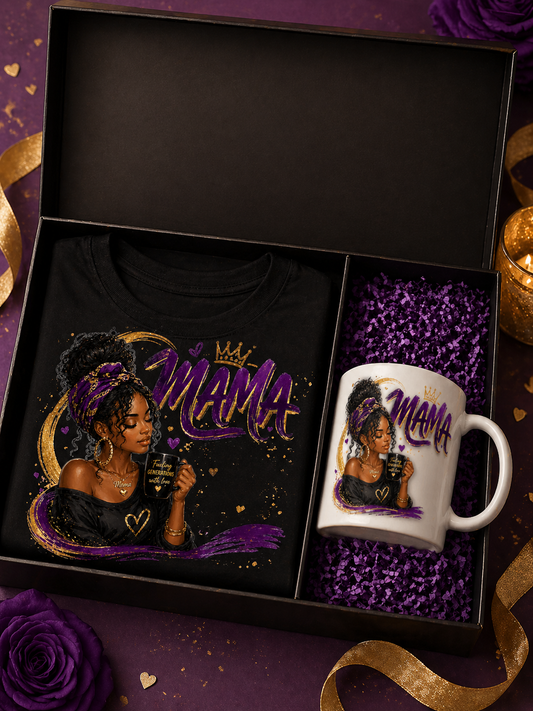 Gift set with t-shirt and mug featuring a woman and 'Mama' text, in a decorative box.