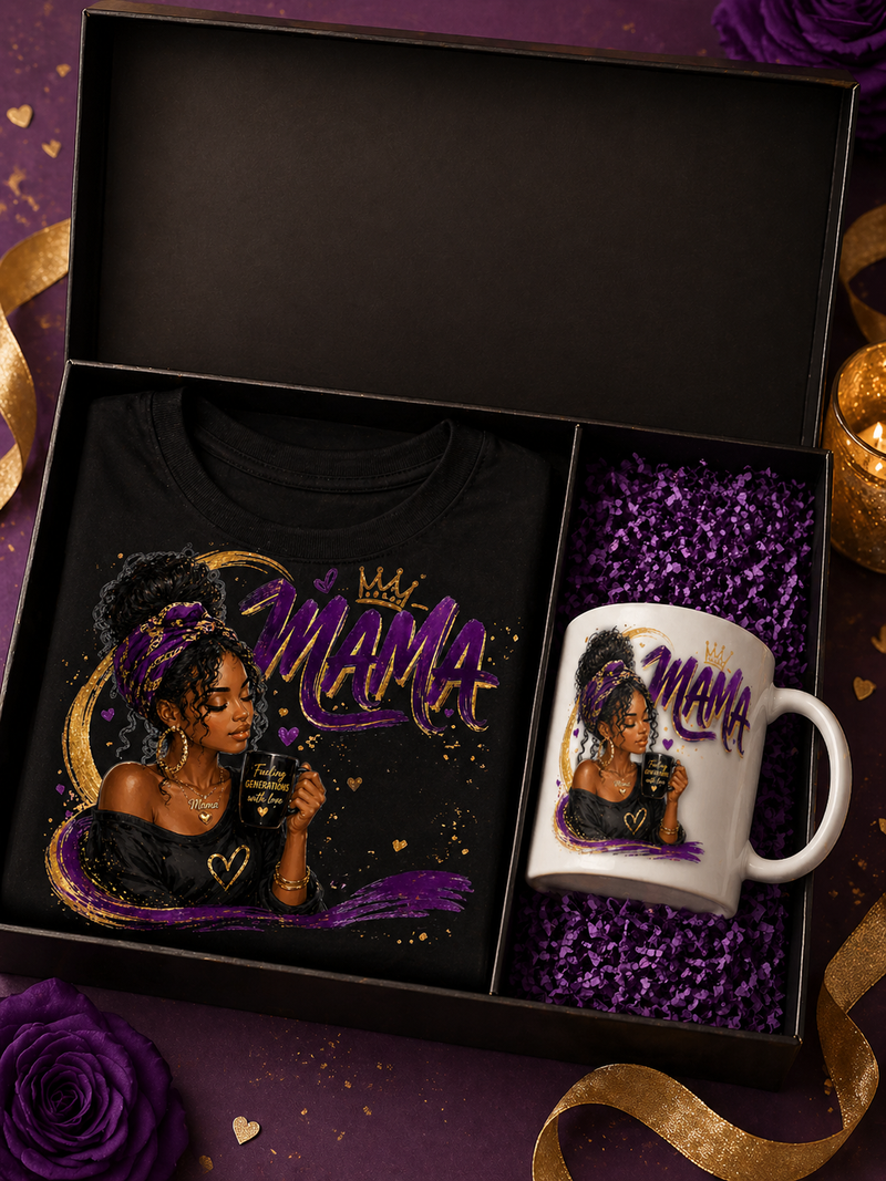 Gift set with t-shirt and mug featuring a woman and 'Mama' text, in a decorative box.