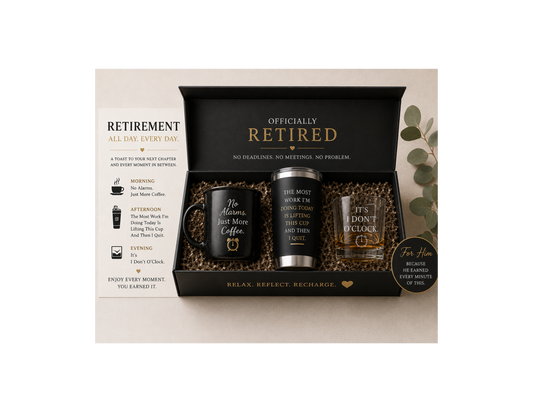 A retirement-themed coffee mug gift set displayed in an open black presentation box. The set includes a black ceramic mug with white text, a stainless steel tumbler with gold lettering, a small clear tumbler with gold text, a round black coaster, and a printed card with coffee-themed illustrations.