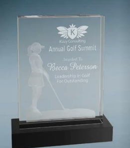 Crystal golf award plaque with engraved text recognizing leadership and excellence in golf, featuring a golfer silhouette and personalized recipient name.