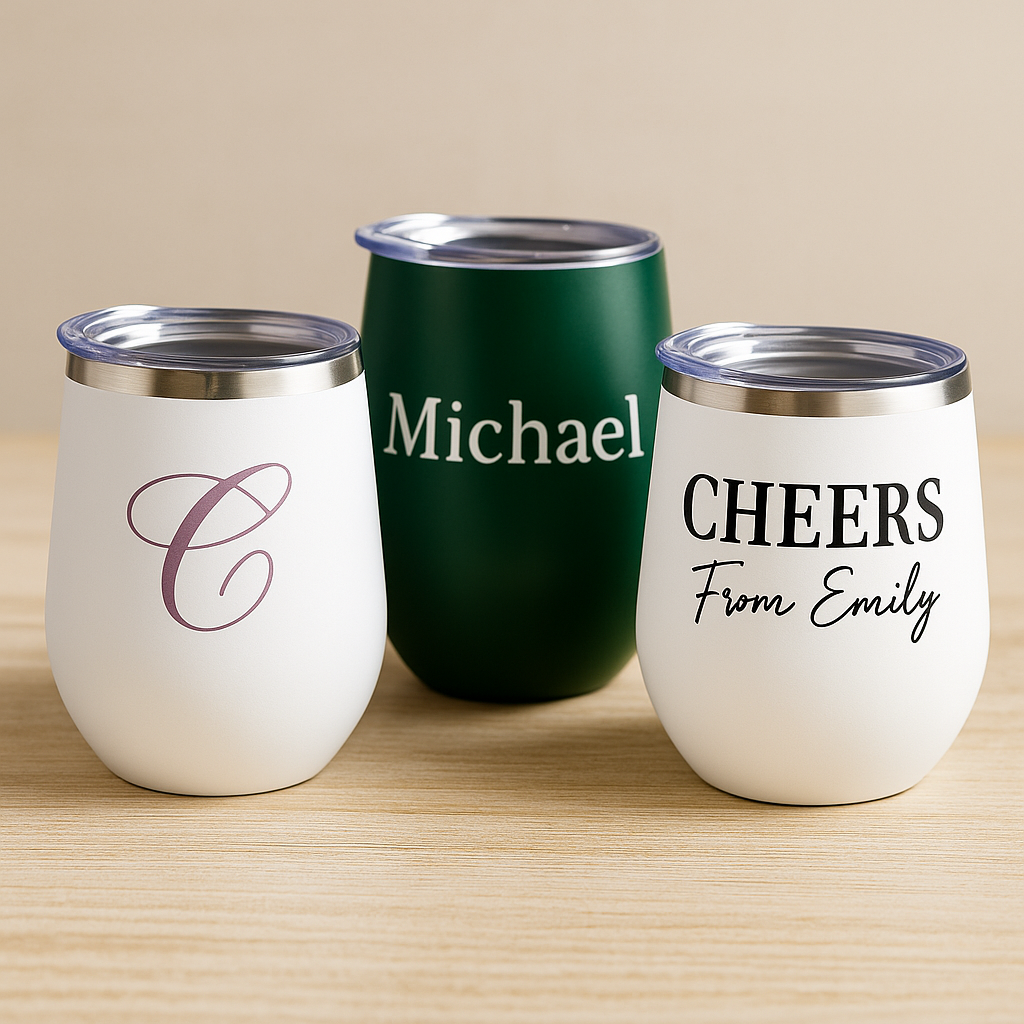 Three personalized wine tumblers with names and messages on a wooden surface.