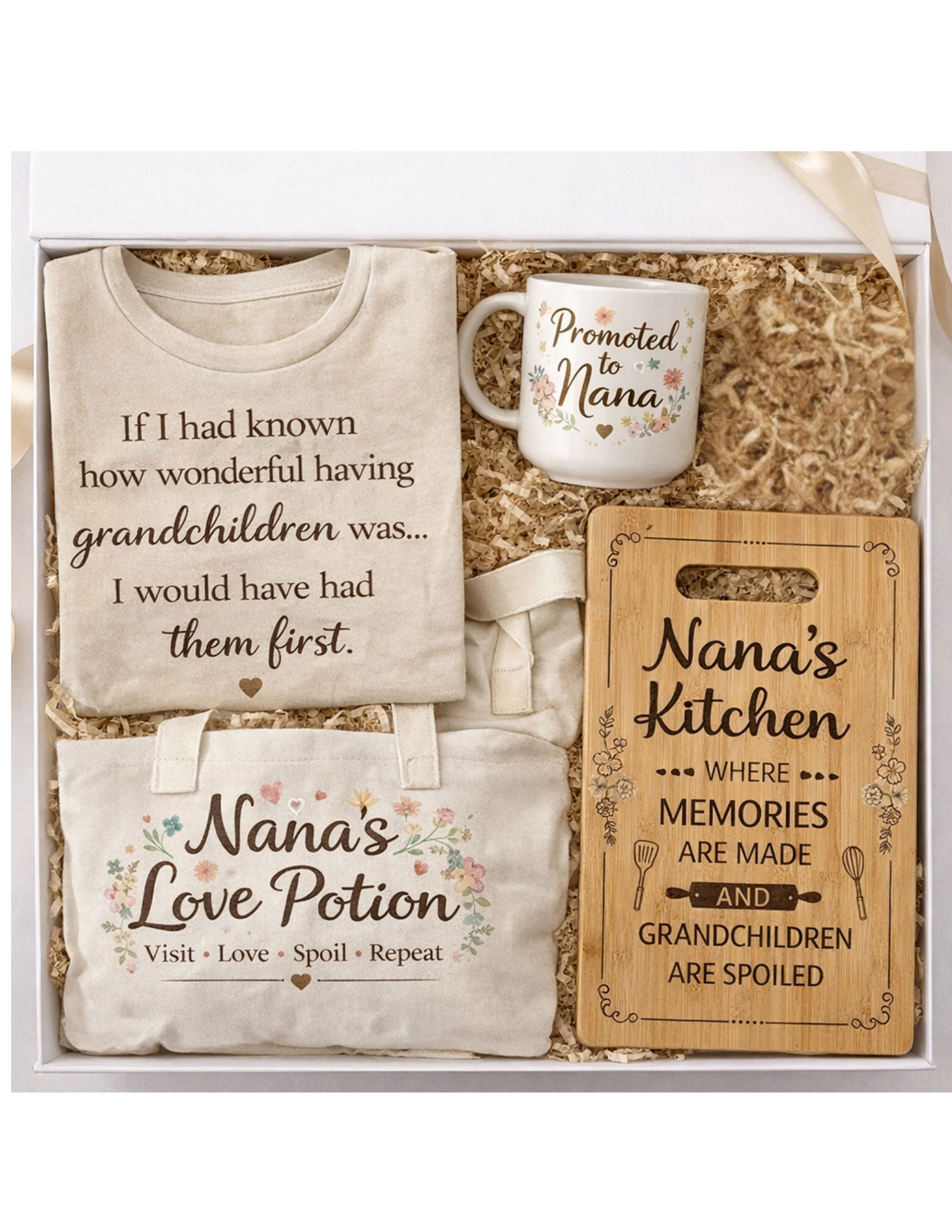 Gift set for Nana including a t-shirt, mug, tote bag, and wooden sign.