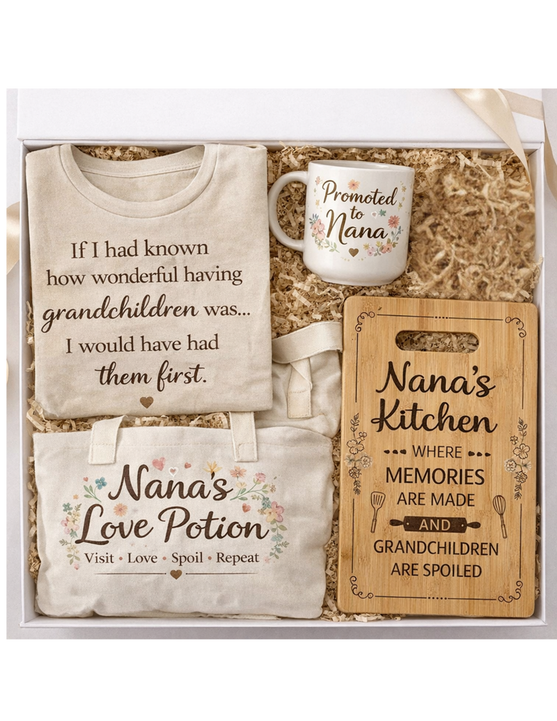 Gift set for Nana including a t-shirt, mug, tote bag, and wooden sign.
