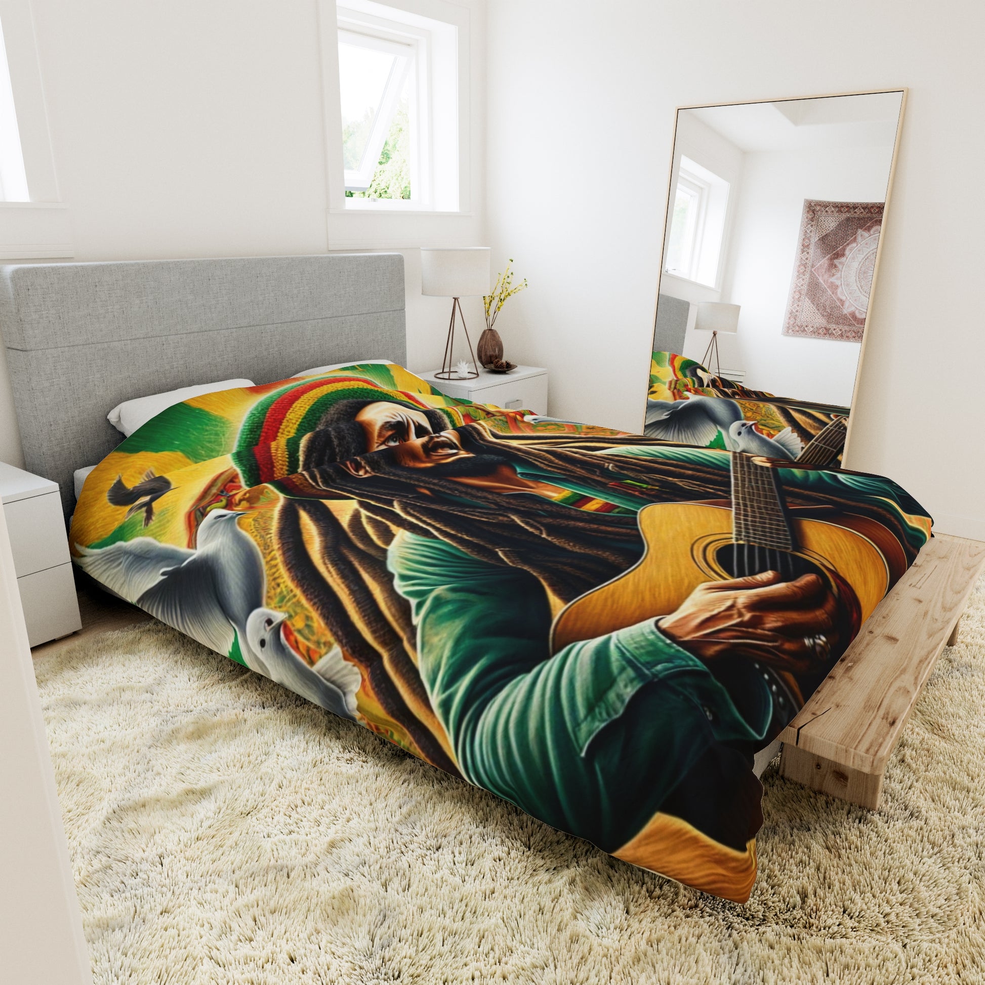 Vibrant duvet cover featuring a tribute to Bob Marley, showcasing the reggae icon with his guitar, surrounded by white doves, musical notes, a Rastafarian-inspired green, gold, and red background, and a majestic lion, symbolizing peace, unity, and strength
