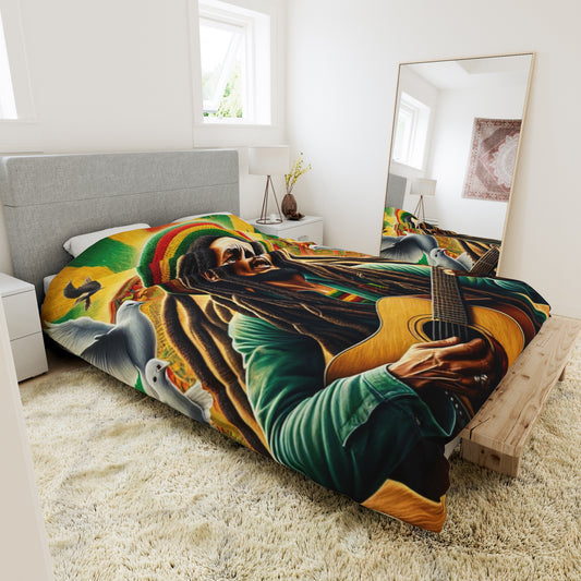 Vibrant duvet cover featuring a tribute to Bob Marley, showcasing the reggae icon with his guitar, surrounded by white doves, musical notes, a Rastafarian-inspired green, gold, and red background, and a majestic lion, symbolizing peace, unity, and strength