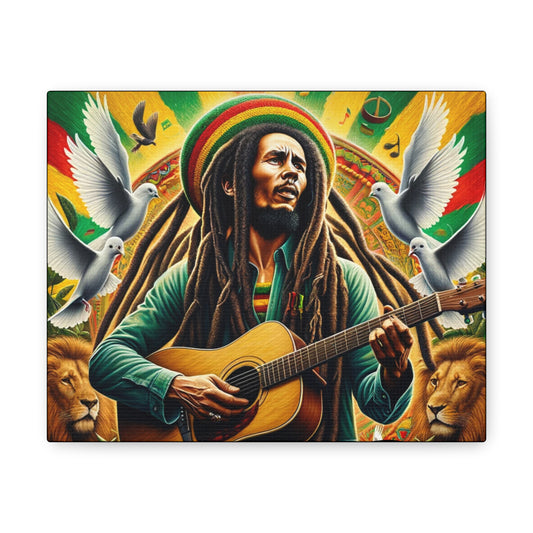 Canvas artwork featuring a vibrant tribute to Bob Marley, depicting the reggae icon with his guitar, surrounded by white doves, musical notes, a Rastafarian-inspired green, gold, and red background, and a majestic lion, symbolizing peace, unity, and strength
