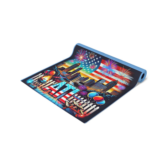 Rolled table runner showcasing a bold Atlanta city skyline with fireworks, the American flag, colorful balloons, and festive ATL lettering, designed for patriotic parties, Atlanta events, and themed celebrations.