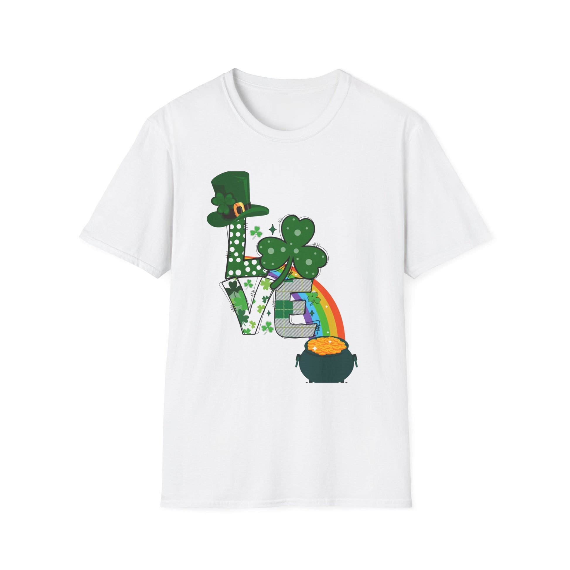 A white St. Patrick’s Day t-shirt featuring a festive "LOVE" design. The "L" is decorated with a leprechaun hat, the "O" is a shamrock, and a rainbow leads to a pot of gold at the bottom. The letters are styled with polka dots, plaid, and clover patterns, creating a fun and lucky Irish-themed look. Available in multiple colors, perfect for celebrating St. Patrick’s Day! 