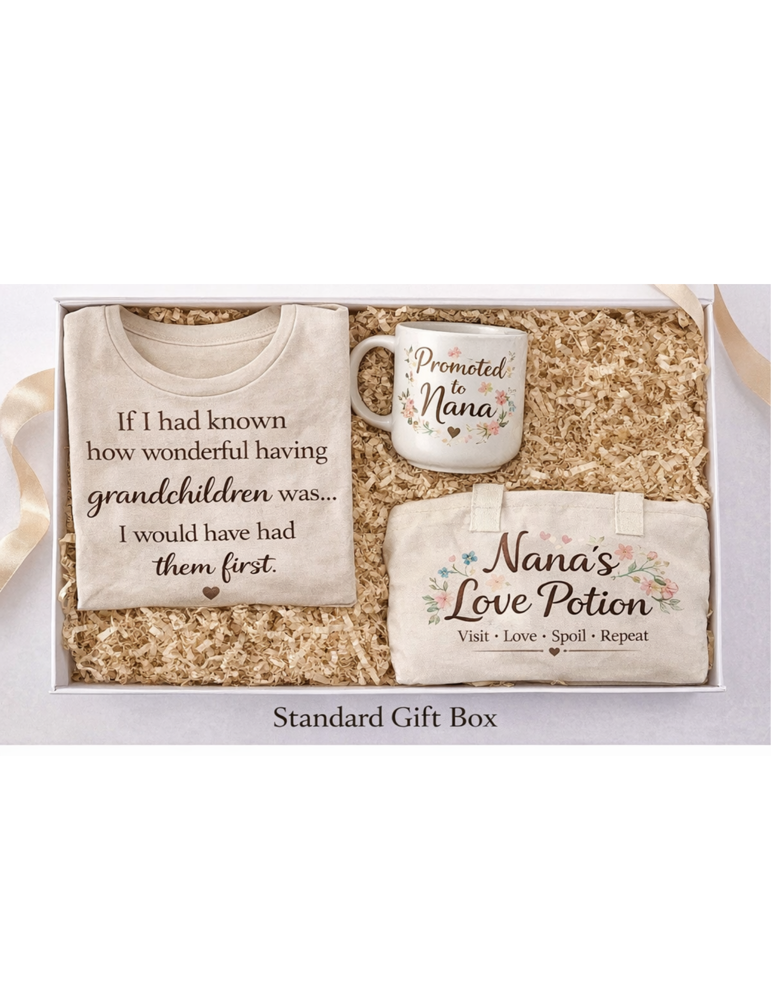 Gift set with t-shirt, mug, and pouch in a box labeled 'Promoted to Nana'.