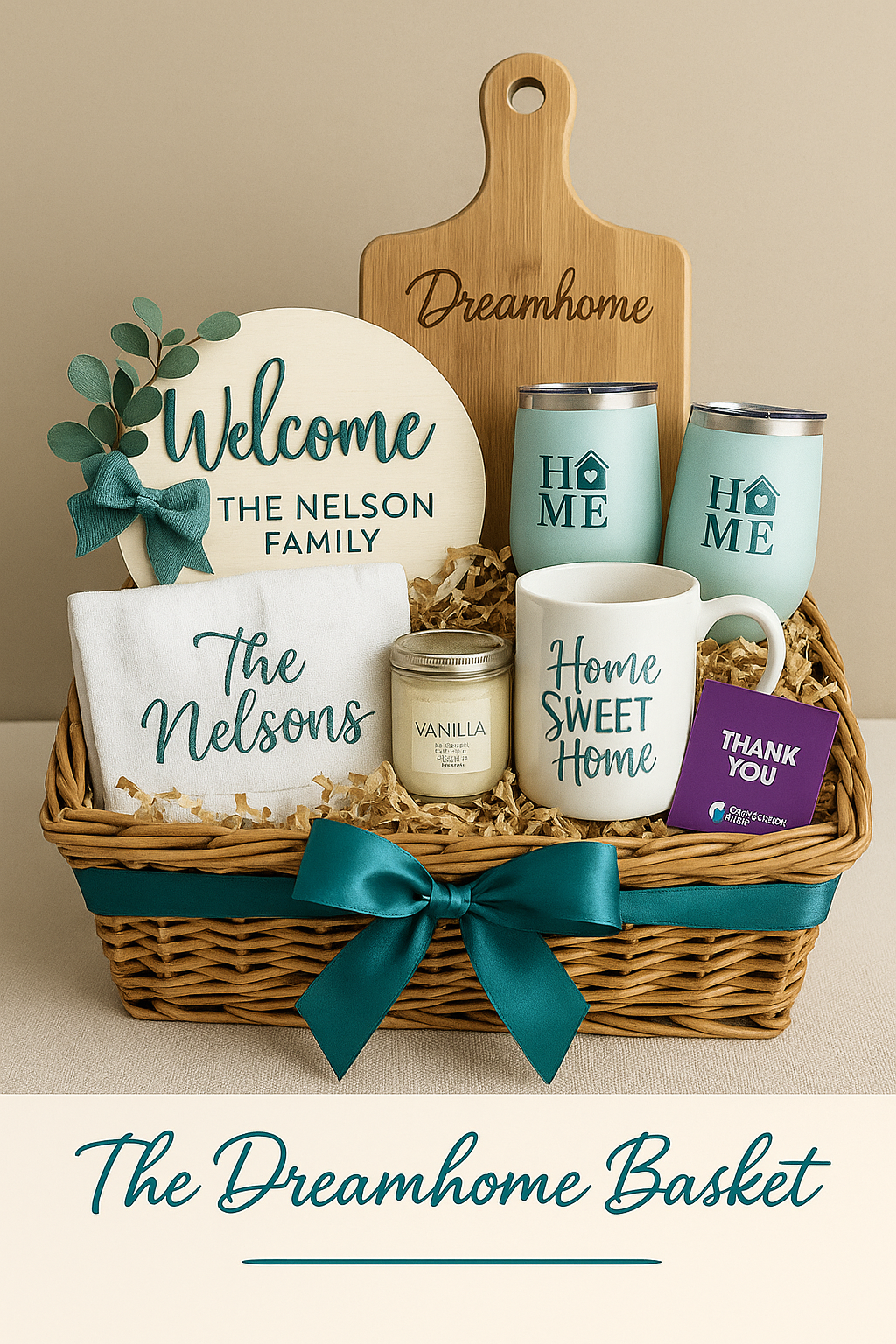 Gift basket with personalized items including a mug, tumbler, and cutting board with 'Dreamhome' branding.