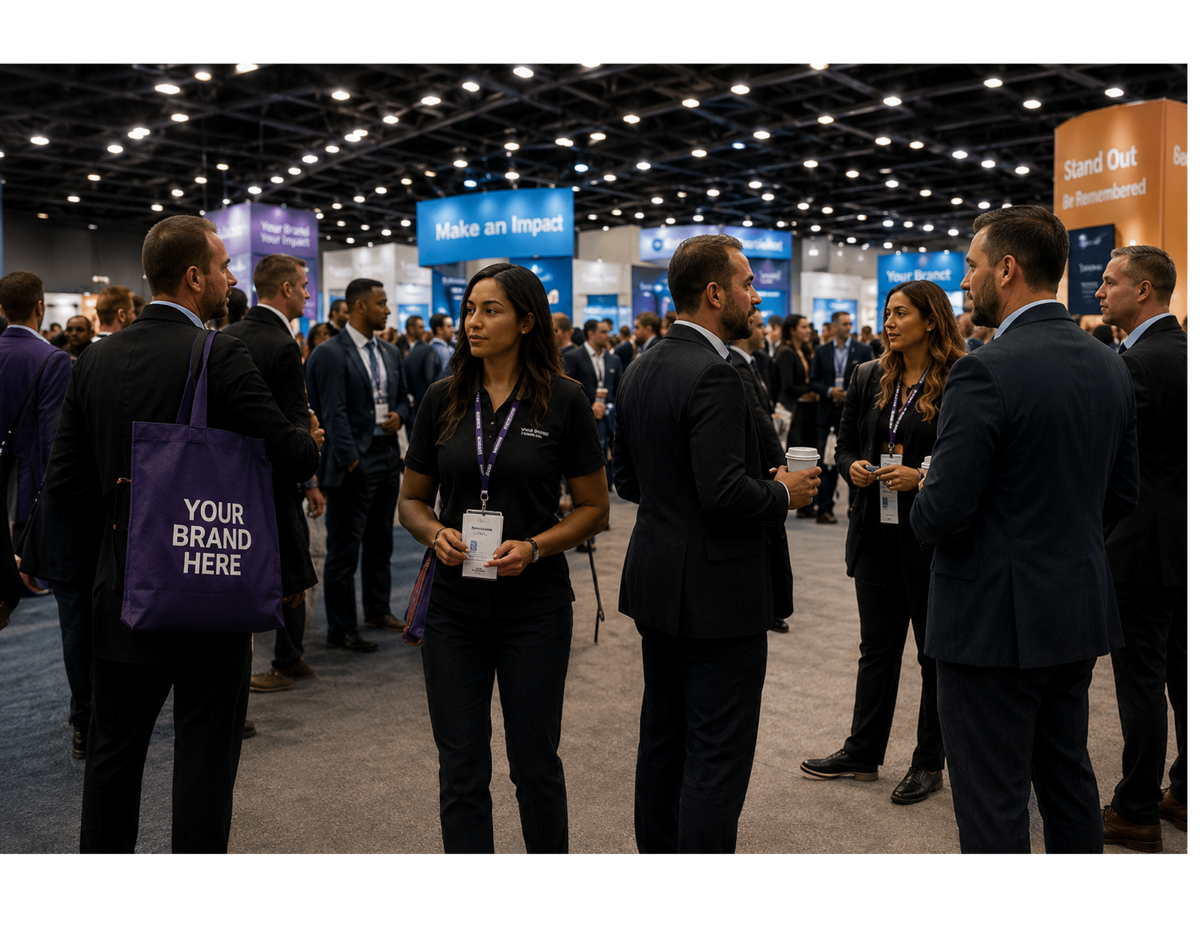 Conference attendees engaging at a branded corporate event