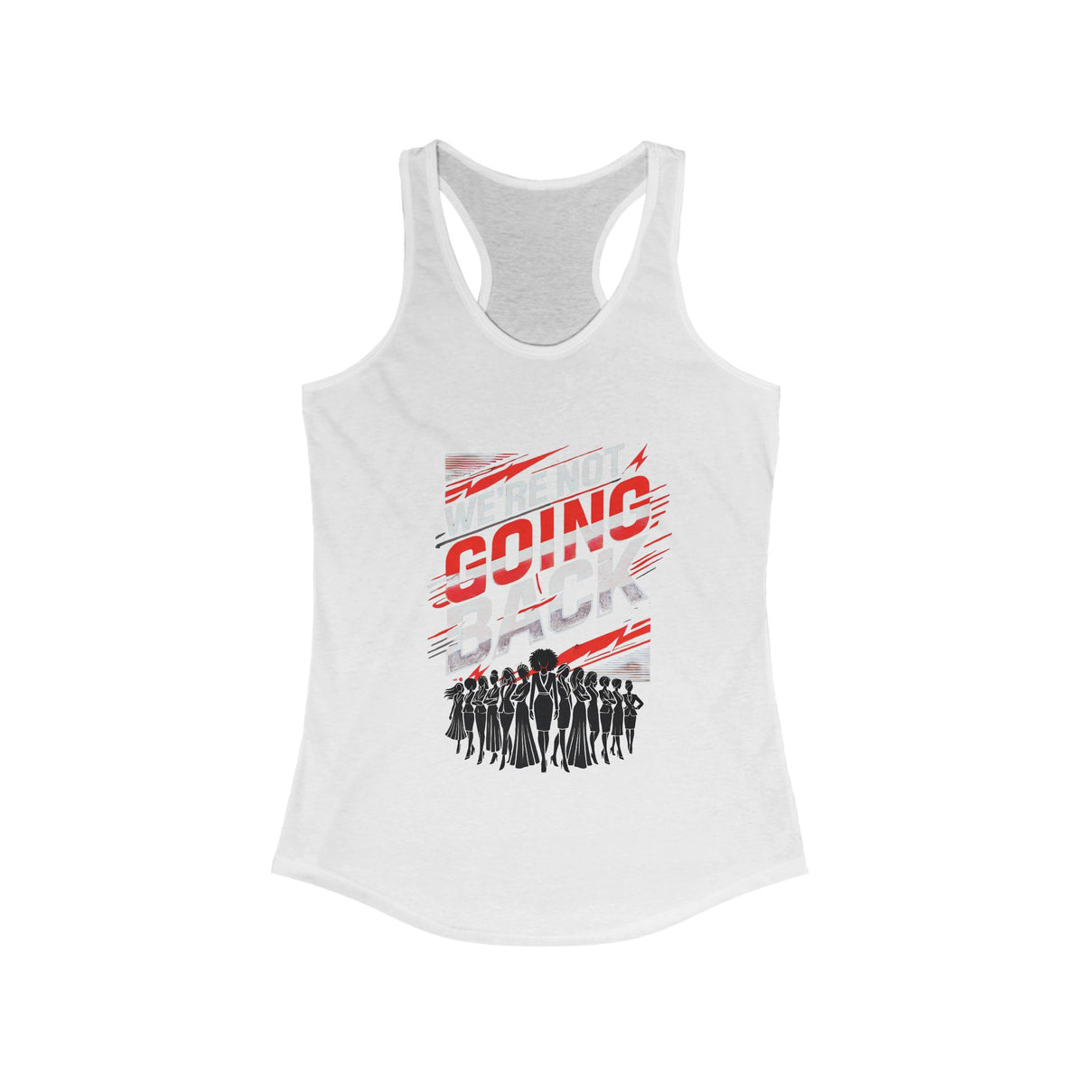 A white racerback tank top with a graphic print in the center that reads 'GOING BACK' in bold letters, suitable for active wear or casual style.