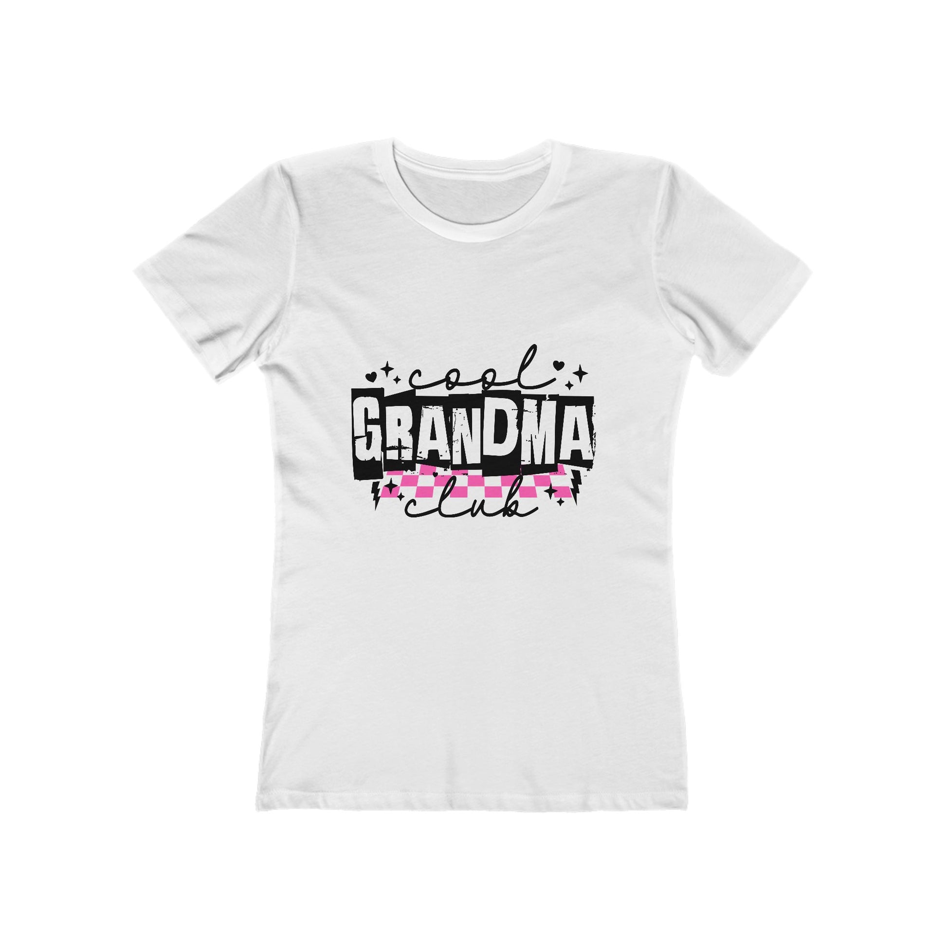 White women's fitted T-shirt featuring the phrase “Cool Grandma Club” in bold black text with pink and white checkered design and sparkles. Perfect gift for stylish grandmothers who love fun, modern apparel. Ideal for Mother’s Day, birthdays, or family celebrations.