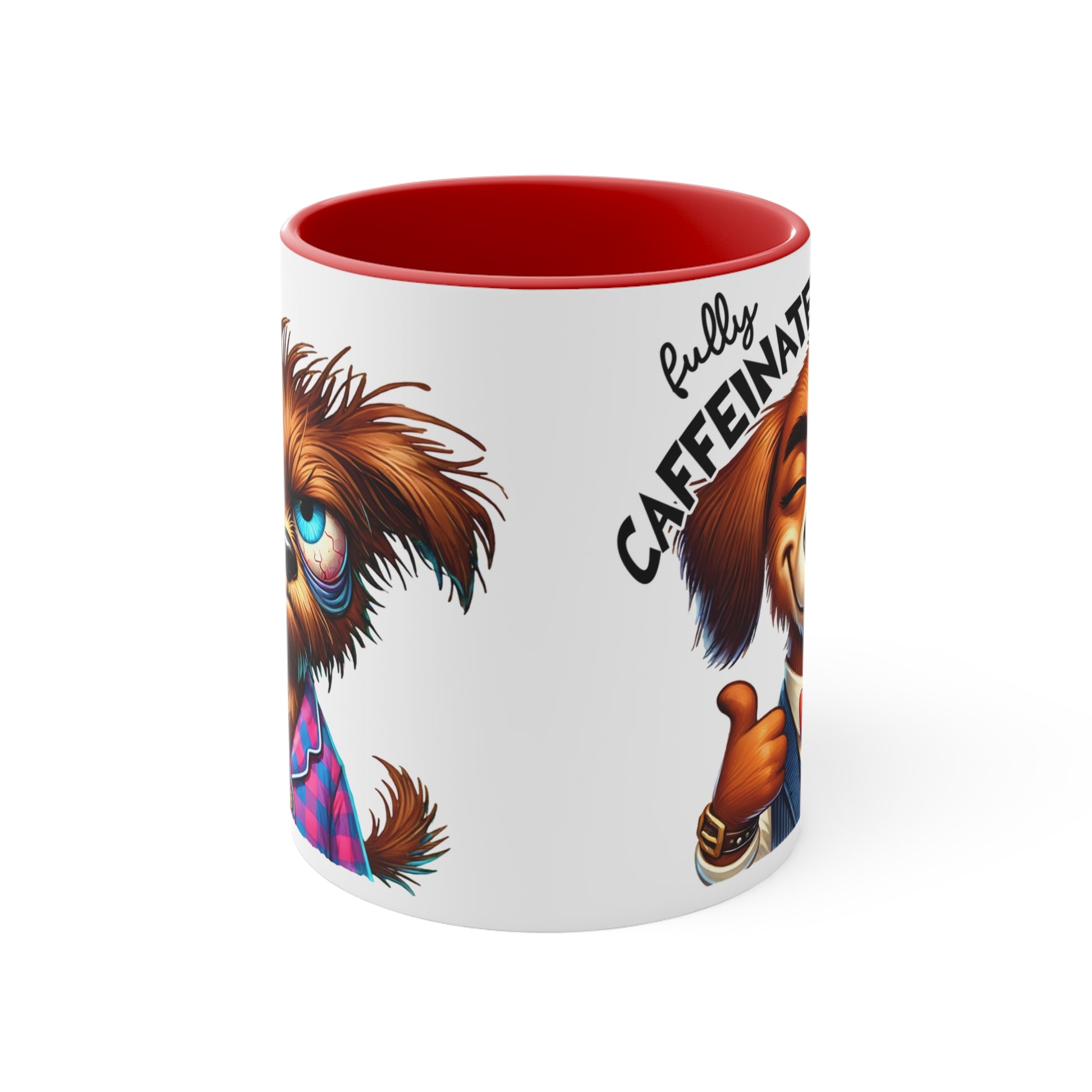 Funny two-sided coffee mug with red interior, featuring cartoon dogs labeled "Before Coffee" and "Fully Caffeinated" – ideal gift for coffee lovers and dog moms.