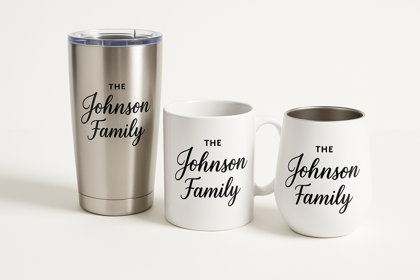 Three mugs with 'The Johnson Family' text on a white background