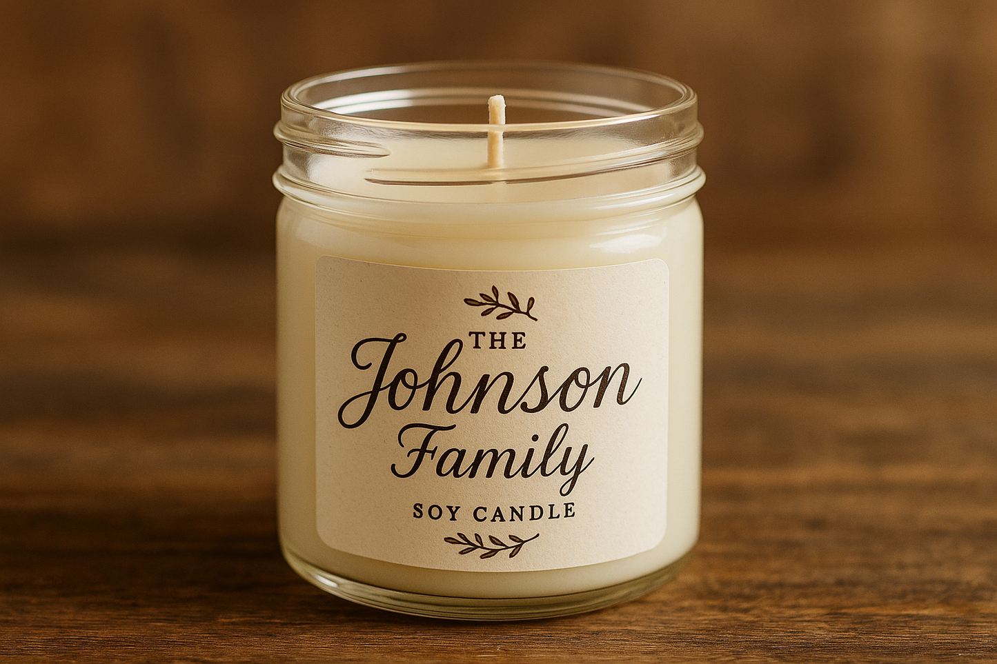 Custom soy candle in mason jar with The Johnson Family name on label, ideal for personalized housewarming or client gifts