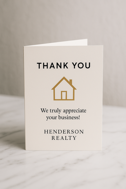 Greeting card with 'Thank You' message and Henderson Realty logo on a marble surface.